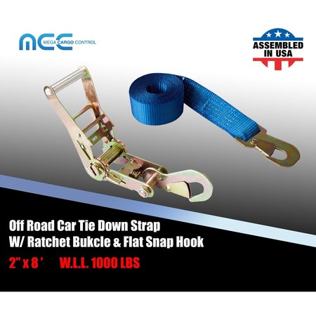 TIE 4 SAFE 2" x 8' Off-Road Ratchet Tie Down Strap w/Snap Hook Auto Hauler Tow Truck Blue, 2PK RT47-8-BU-C-2